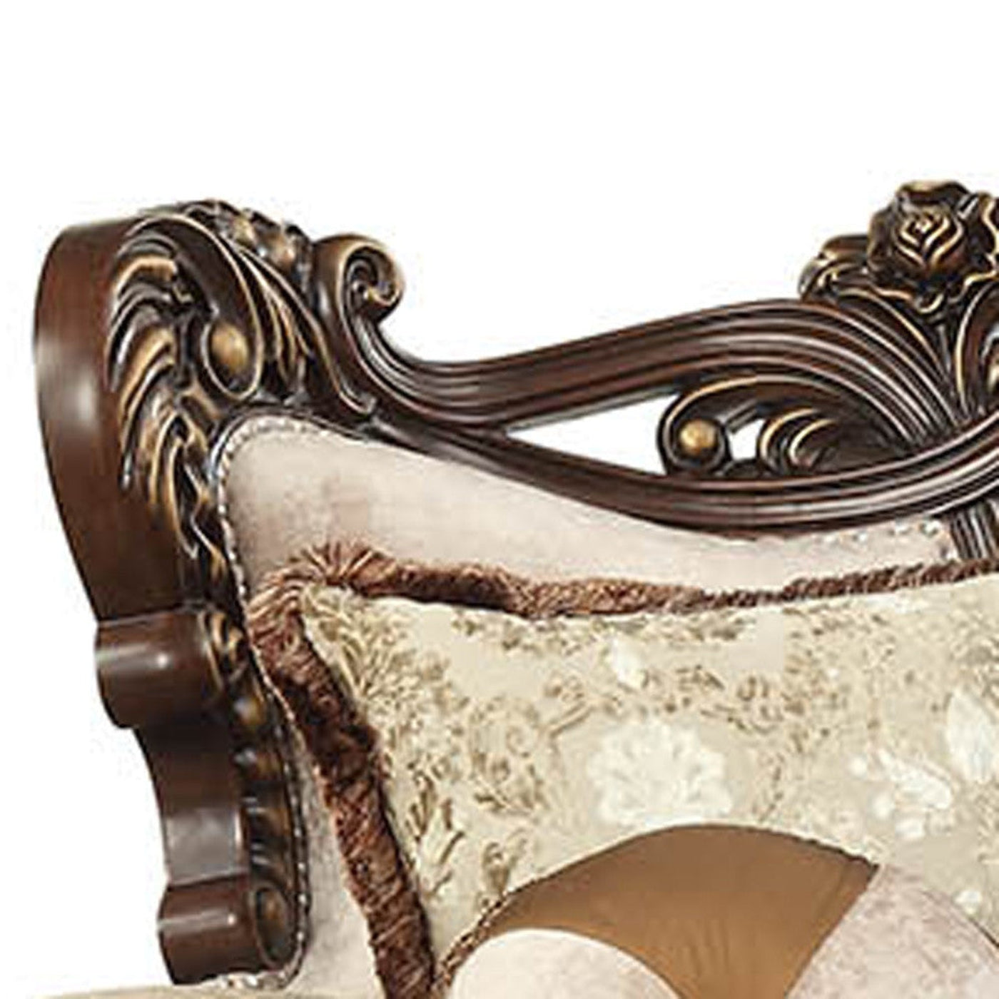 Modway Furniture 42" Stylish Beige Damask Sofa with Toss Pillows, Brown Legs, and Nailhead Trim for Elegant Spaces - 348225-HOMEROOTS