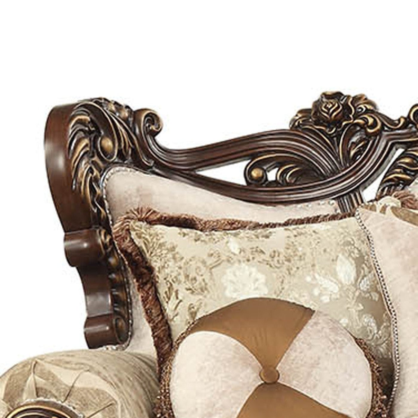 Modway Furniture 42" Stylish Beige Damask Sofa with Toss Pillows, Brown Legs, and Nailhead Trim for Elegant Spaces - 348225-HOMEROOTS