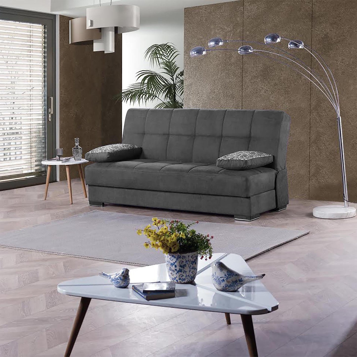 Modway Furniture 75" Black Chenille Sleeper Sofa with Stylish Brown Legs & Toss Pillows for Modern Living Rooms - 518154-HOMEROOTS