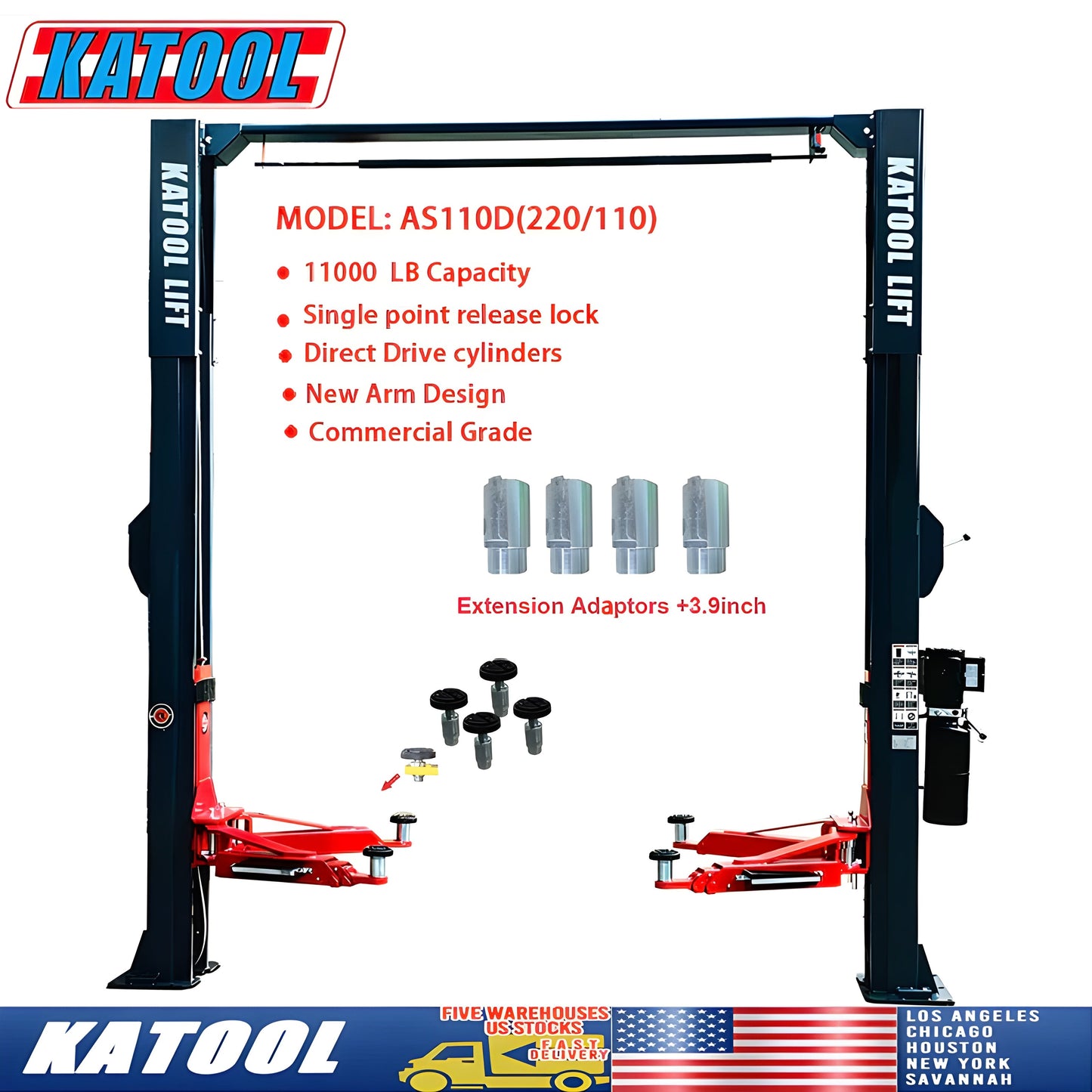 Katool | Two Post Asymmetrical Vehicle Lift 11,000lbs Single Point Lock Release - KT-AS110D-1