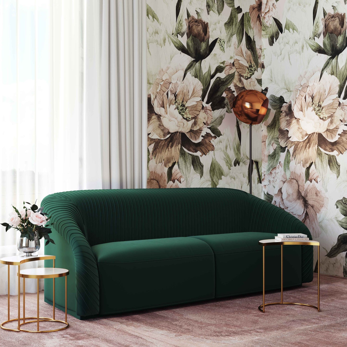 Modway Furniture Yara Plush Velvet Sofa - Elegant Pleated Design with Rolled Arms for Stylish Comfort in Any Space