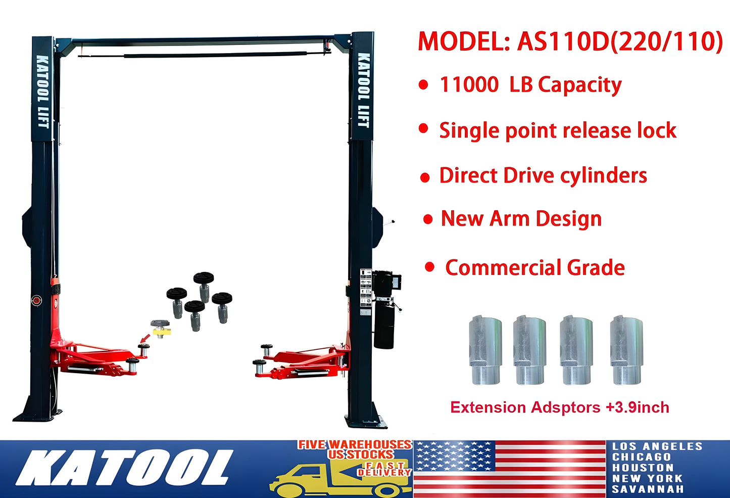 Katool | Two Post Asymmetrical Vehicle Lift 11,000lbs Single Point Lock Release - KT-AS110D-1