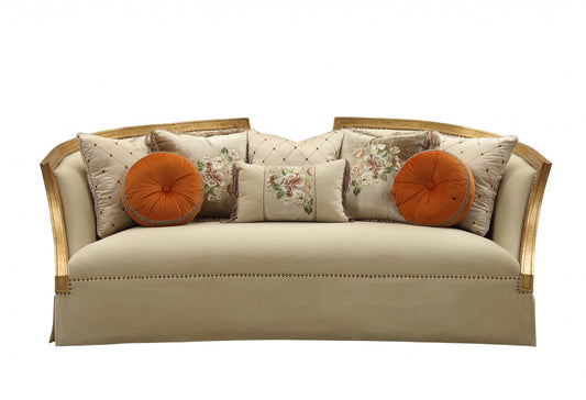 Modway Furniture 41" Beige Velvet Curved Sofa with Toss Pillows, Flared Arms & Natural Wood Legs for Stylish Comfort - 348220-HOMEROOTS