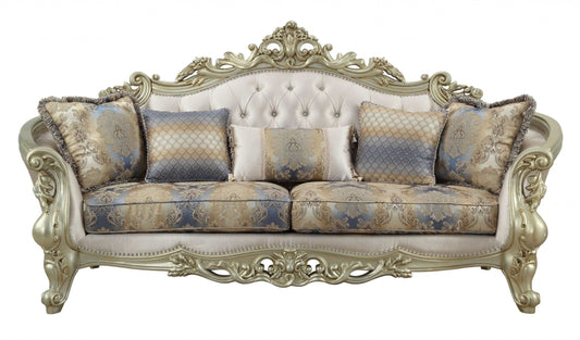 Modway Furniture 40" Antique White Velvet Floral Curved Sofa with Toss Pillows & Chic Champagne Legs for Elegance - 348231-HOMEROOTS