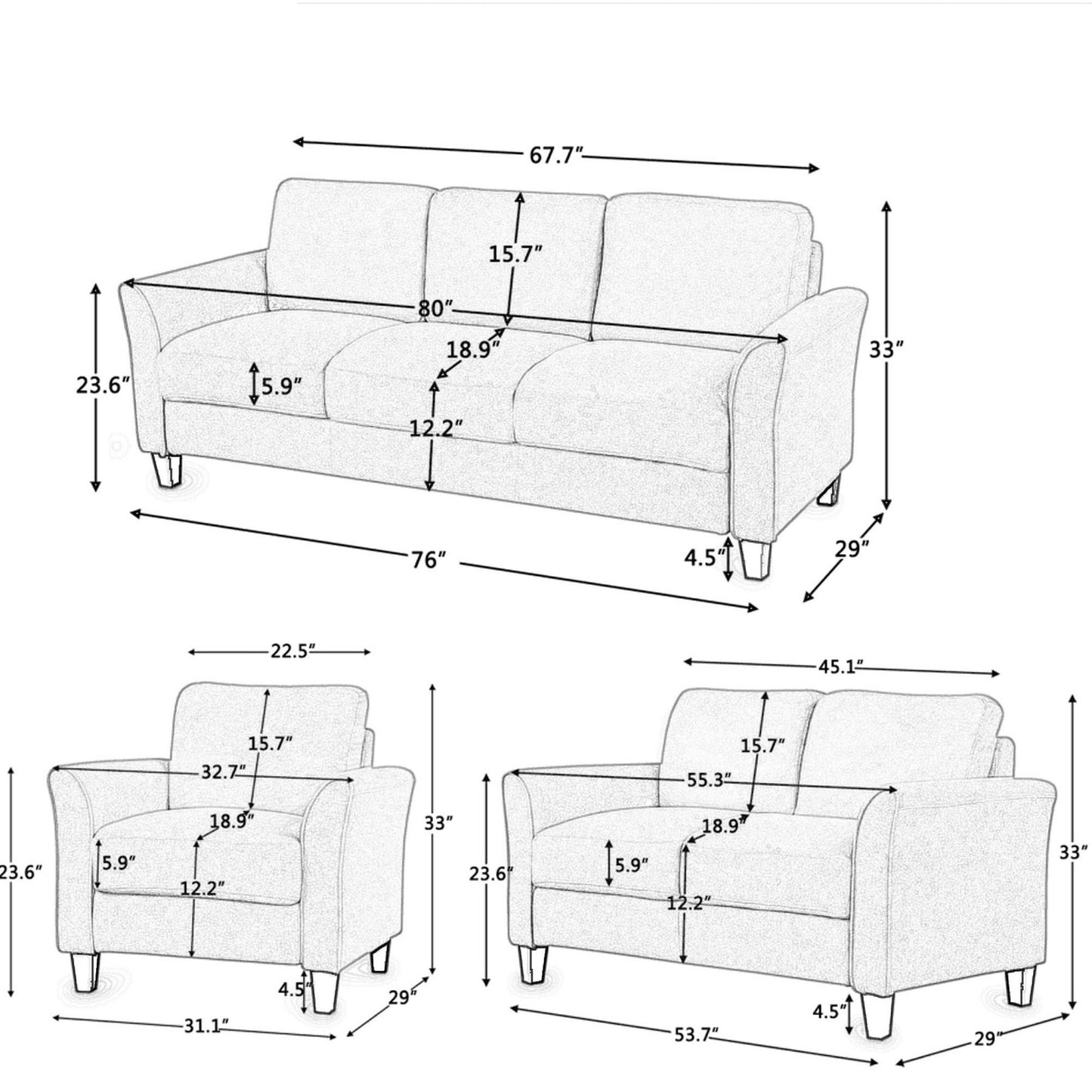 Modway Furniture 3 Piece Set Modern Sofa Conversation Set with Loveseat and Armchair, Gray - BM285795-BENZARA